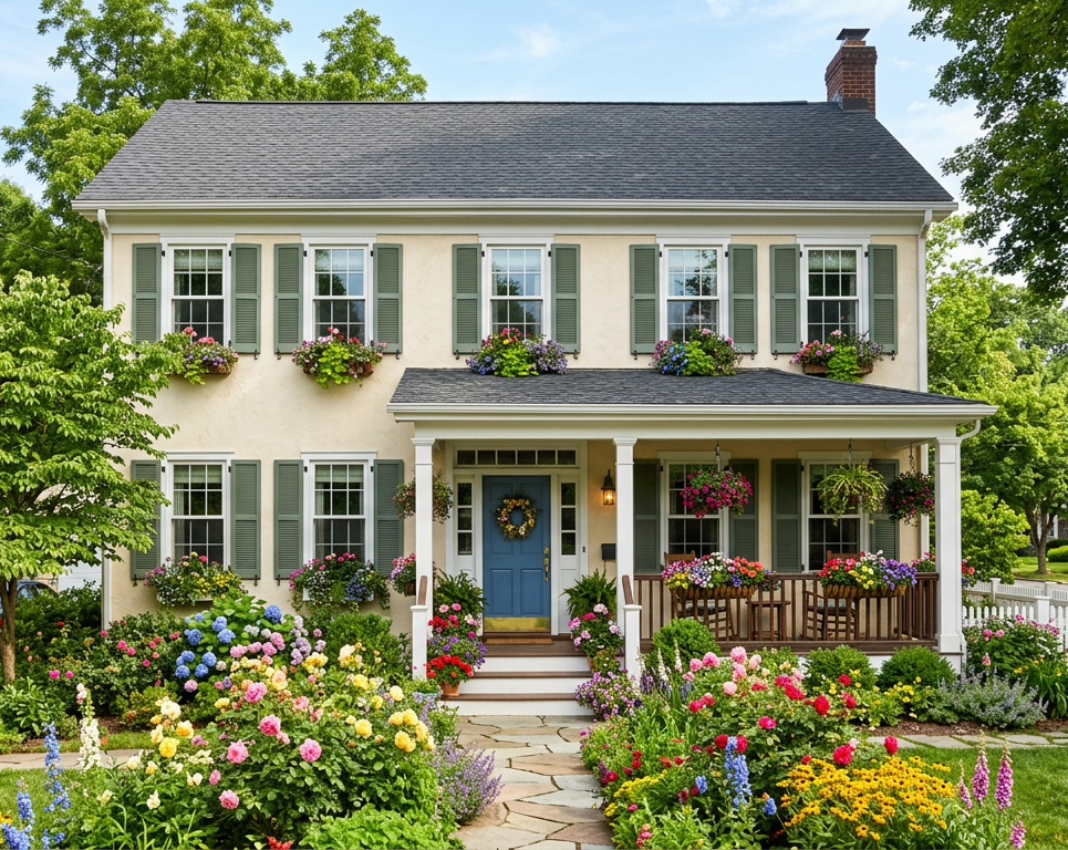 Two story house with green shutters and window boxes with flowers
