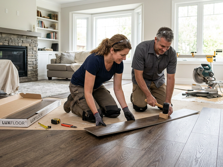 A male and a female in their 40s installing high end LVP flooring in a living room