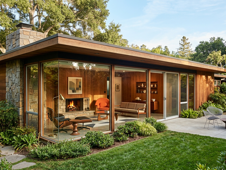 Mid-Century Modern home with floor to ceiling windows and warm natural wood
