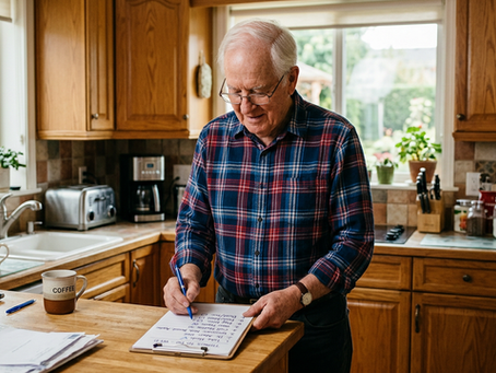 A senior man reviewing a moving checklist in his kitchen