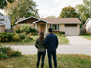 Male and female in their 30s standing in front of a 1980s ranch house