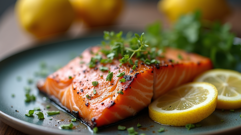 Close-up view of a plate with grilled salmon and lemon slices