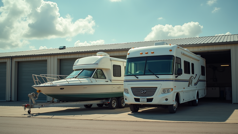 High angle view of a well-maintained RV and boat parked side by side in a secure storage facility