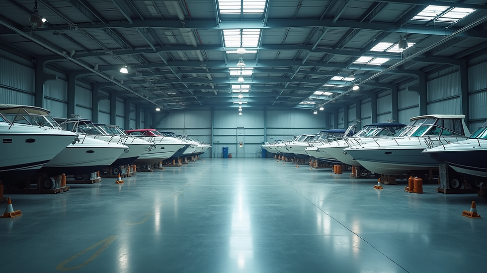 Wide angle view of a clean and well-lit indoor boat storage facility