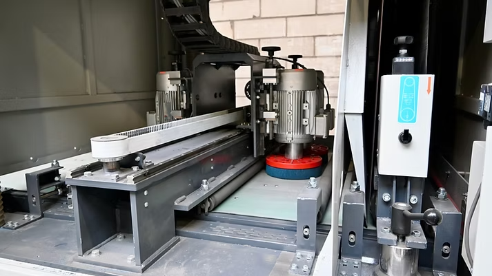 Het plaatmateriaal passeert van rechts naar links langsheen een verticale schuurband en vier horizontale -borstels