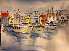 Painting of ships in a harbor