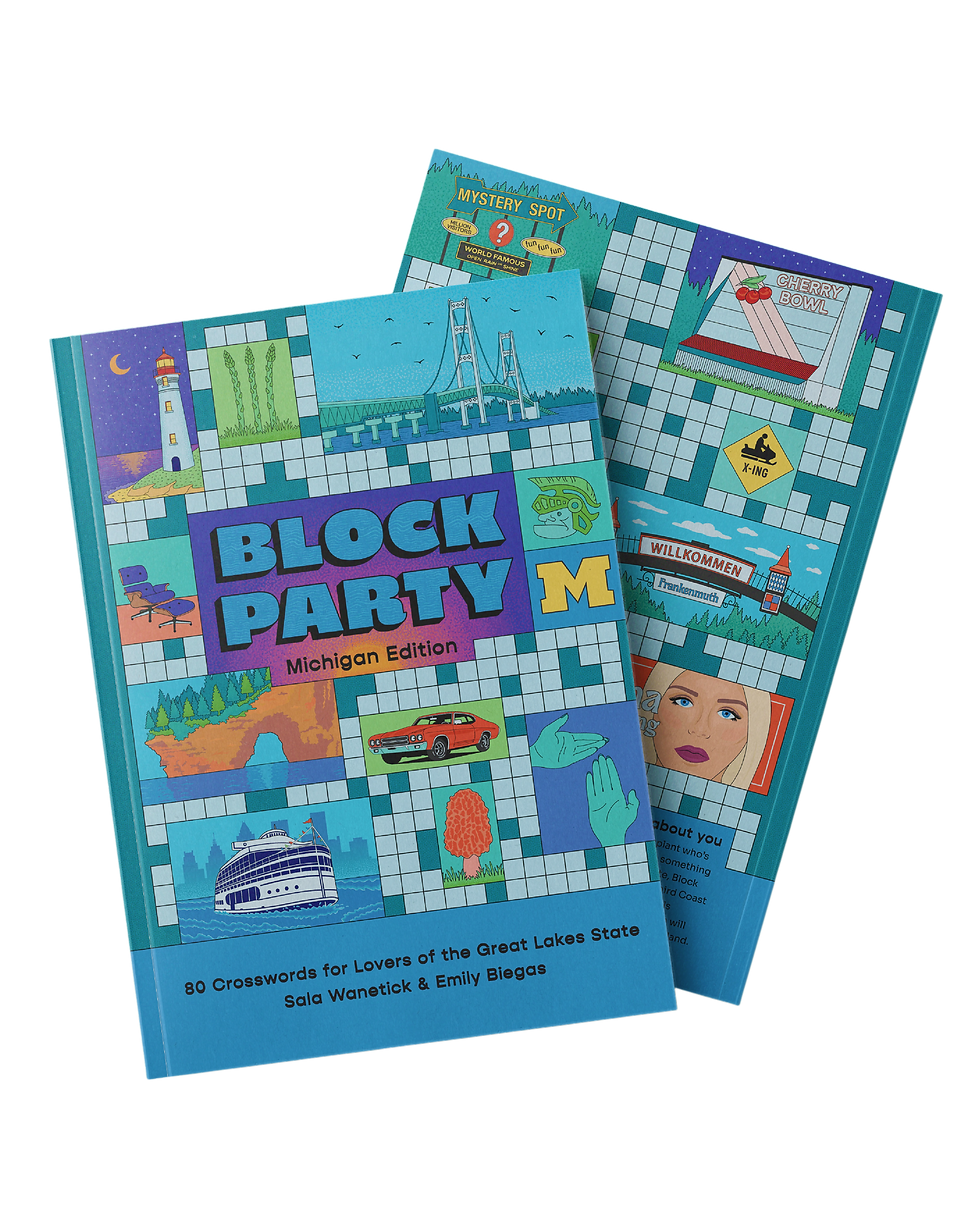 Front and back cover of "Block Party: Michigan Edition". Images include: Bob-lo boat, Mackinac Bridge, Eames Chair, Morel mushroom, Frankenmuth sign, Joumana Kayrouz, Cherry Bowl Drive In, Mystery Spot