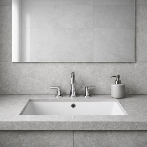 Modernes Badezimmer mit hellen Steinoberflächen, integriertem Waschbecken, minimalistischer Armatur und hochwertiger, gepflegter Ausstattung.
