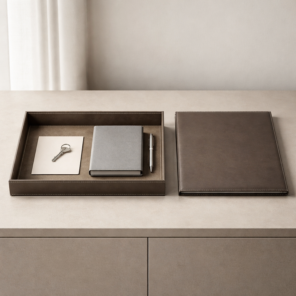Braune Geschenkbox mit Schlüssel, grauem Notizbuch und Stift auf beigem Tisch vor heller Wand.