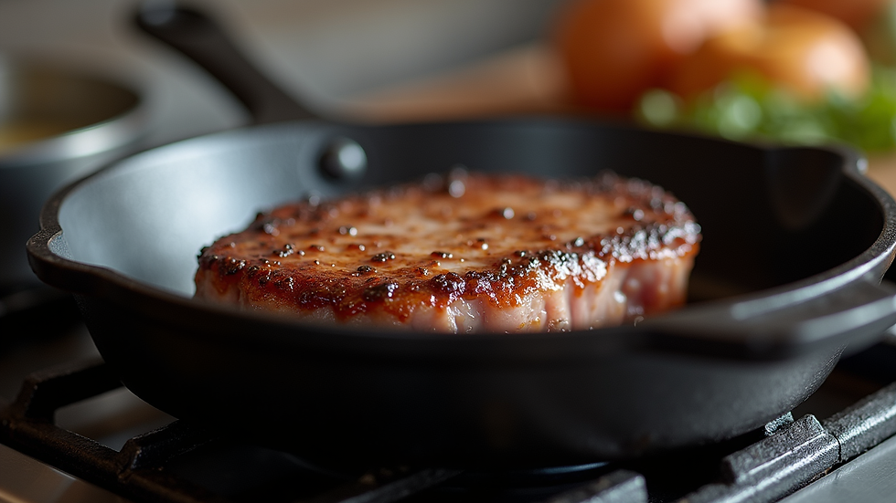 Eye-level view of a cast-iron skillet searing a steak with a golden crust