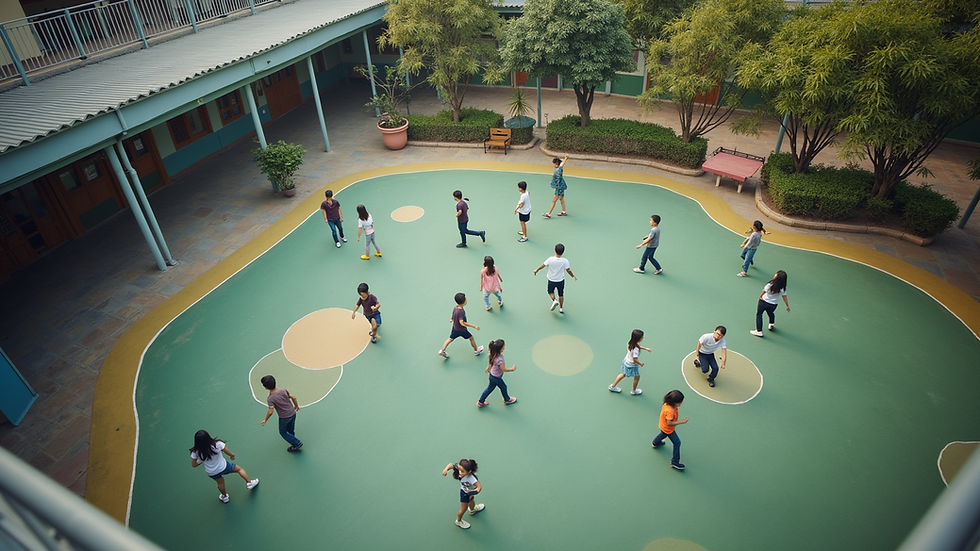 High angle view of a school playground with children playing and interacting