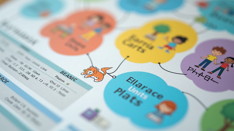 Close-up view of a colorful IPC learning map showing thematic units and goals