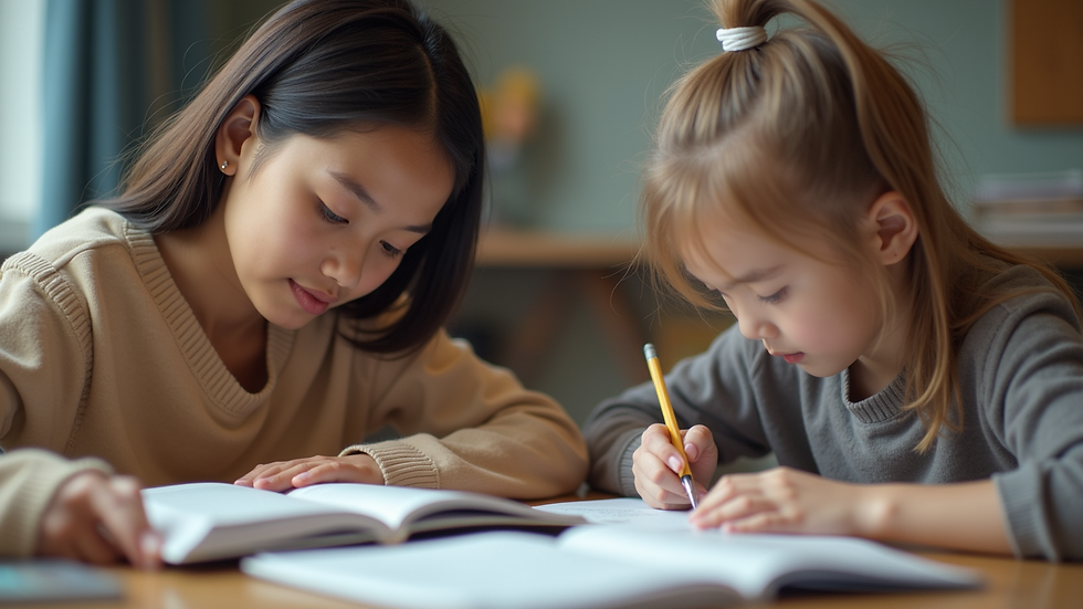 Close-up view of a teacher helping a student with reading