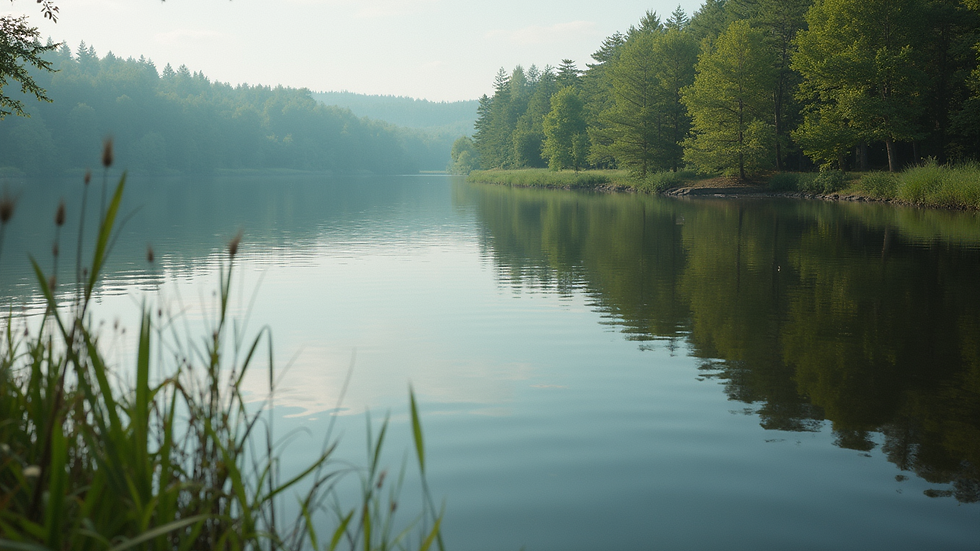 Close-up view of a serene nature scene with a calm lake and trees