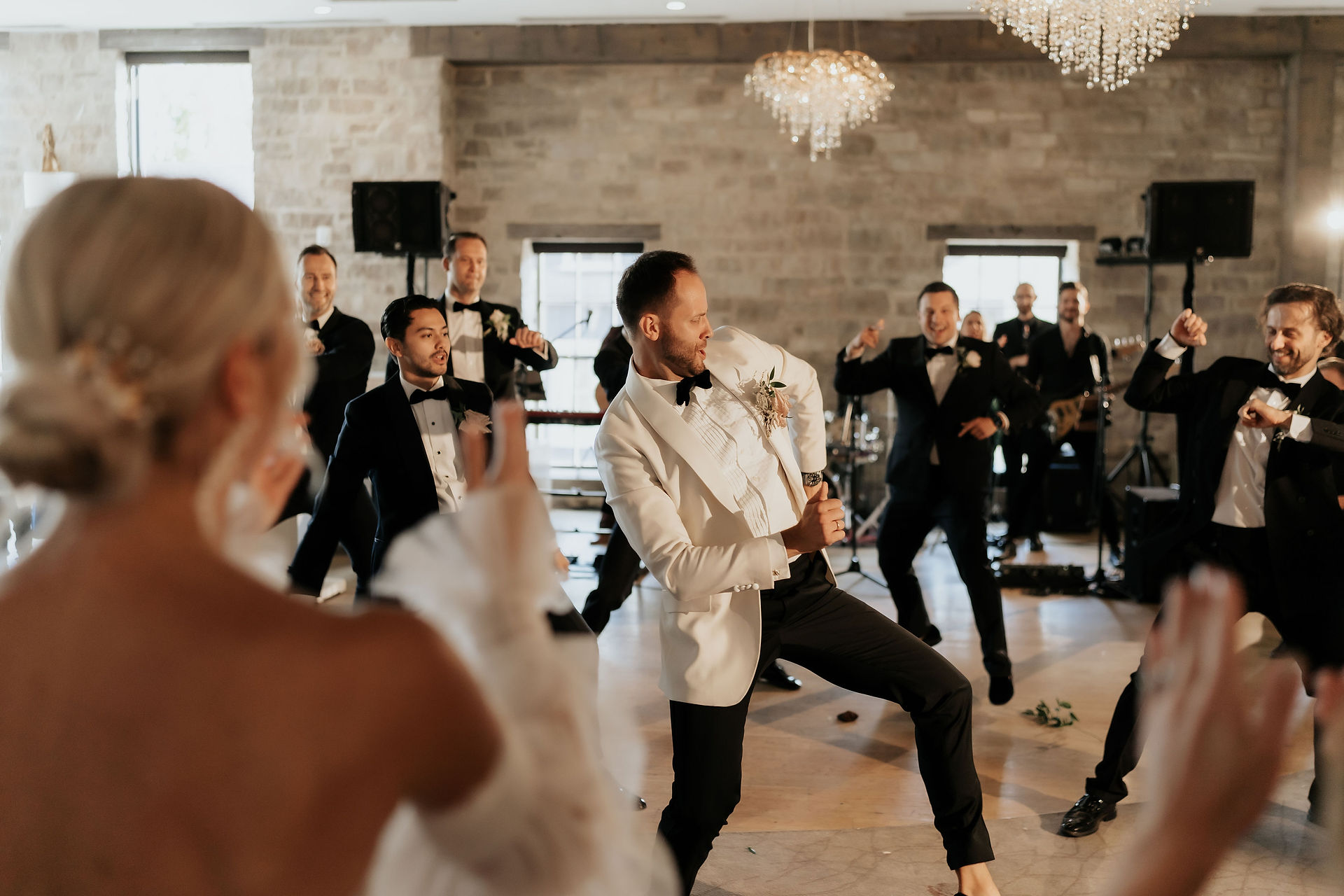 reception entrance elora mill grand room bride and groom dance