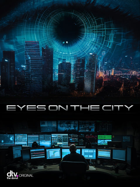 “Eyes on the City” title over a glowing command center filled with surveillance monitors, live camera feeds, and analysts at work—representing real-time crime centers and the tech-driven future of policing.