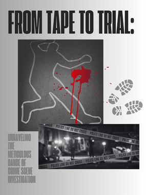 “From Tape to Trial” logo overlaid on a dramatic crime scene with evidence markers, police tape, and forensic tools, representing the detailed process of criminal investigations from first response to courtroom prosecution.