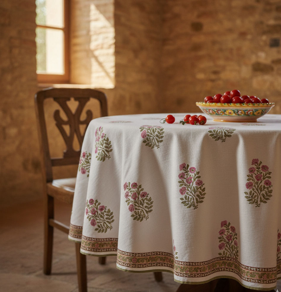 Tovaglia tonda stampata a mano in puro cotone 100%. Fantasia con grandi fiori che ricordano lo stile classico. Il Mezzaro