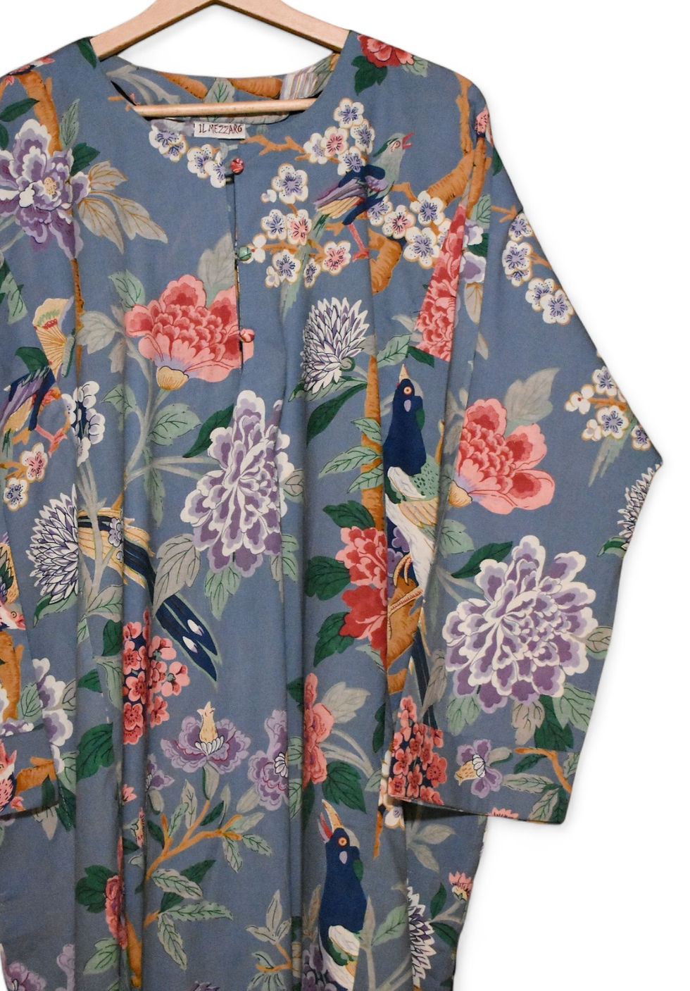 Caftano in puro cotone stampato a mano con tasche laterali. Taglia Unica. Il Mezzaro
