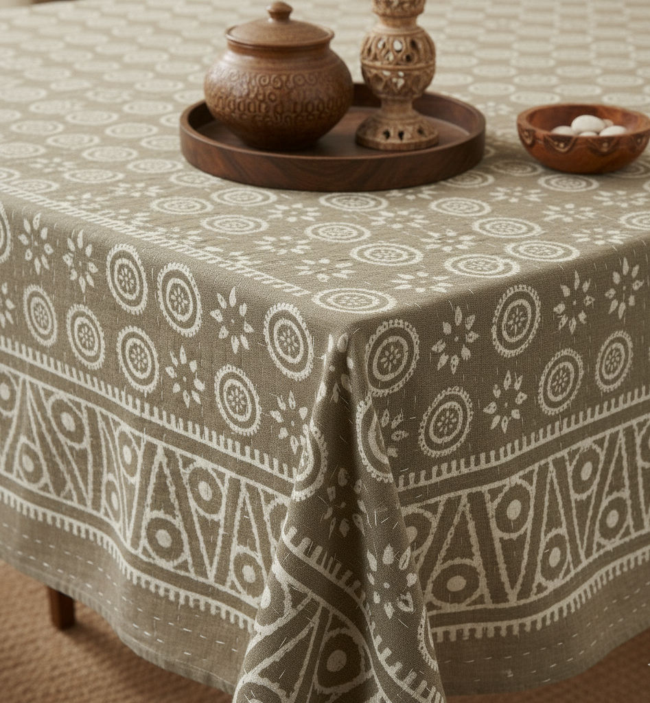 Fantasia geometrica che ricorda quelle del batik balinese o indonesiano.  Il Mezzaro