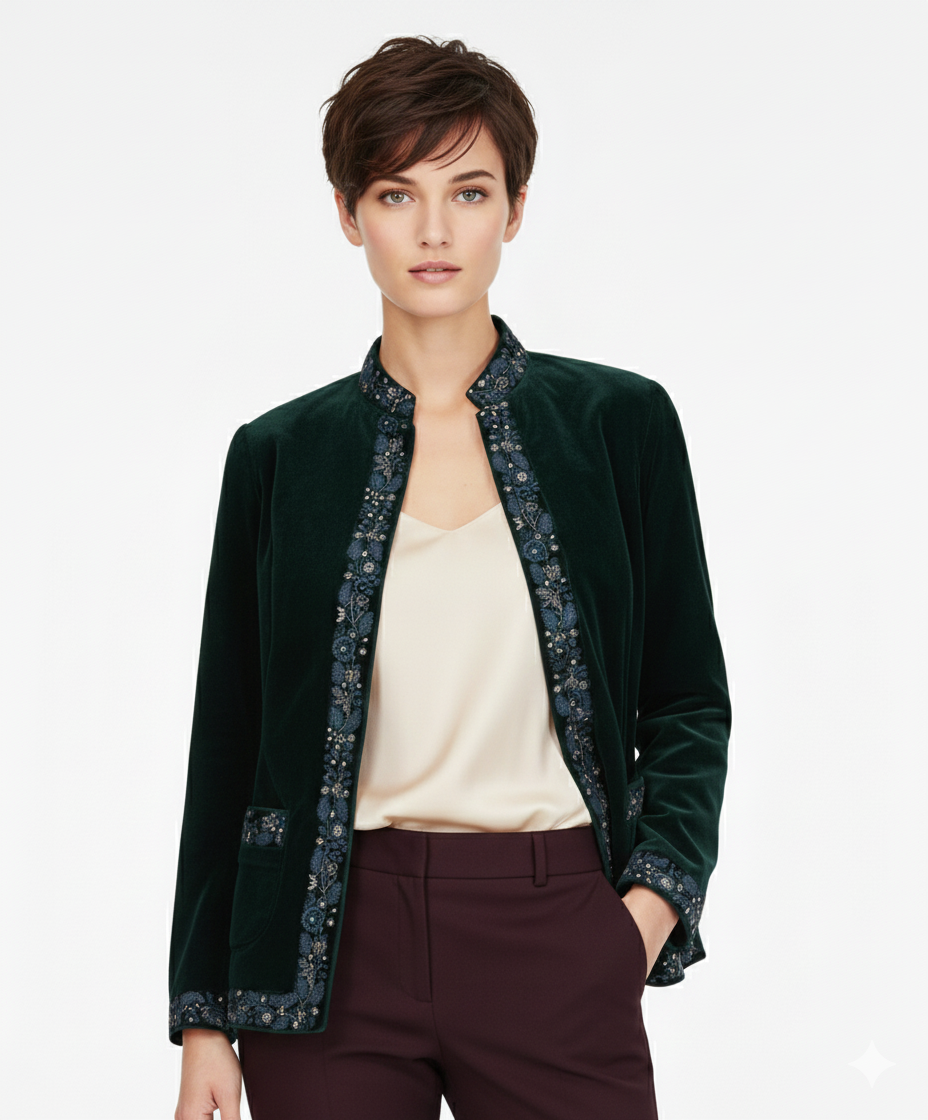 Miniatura: Giacca leggermente imbottita in morbido velluto blu, impreziosita da raffinati ricami su maniche, tasche e colletto.