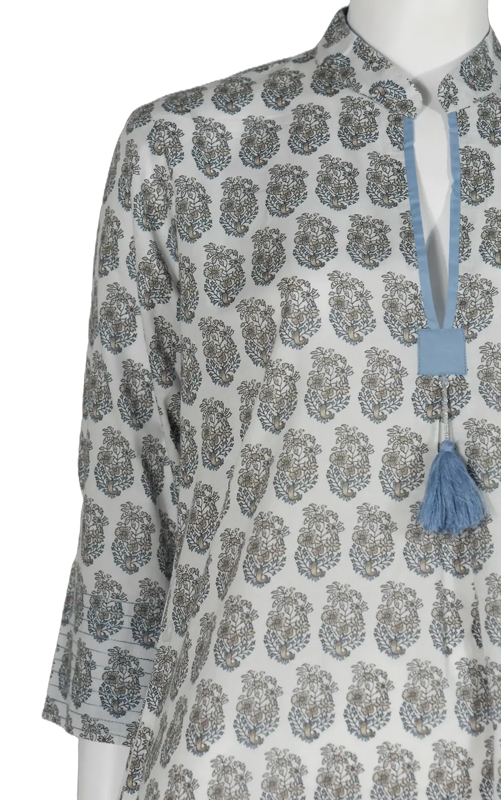 Thumbnail: Cotton Tunic "Aura White and Petrol with Tassel"