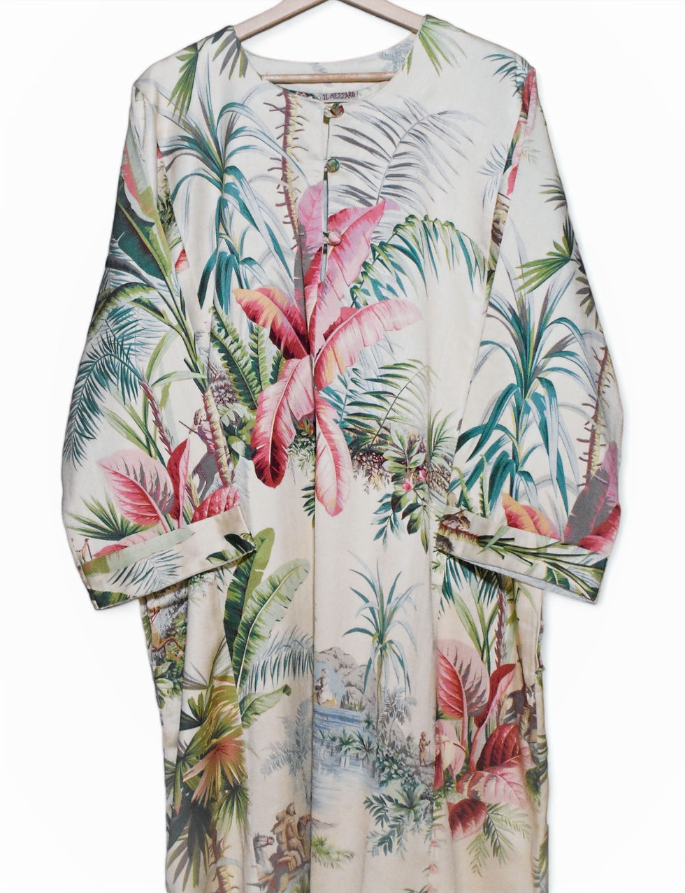 Caftano in cotone cinzato stampato a mano. Tasche laterali. Taglia Unica. Il Mezzaro