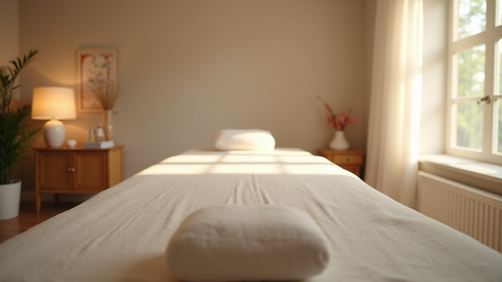 Eye-level view of a calm therapy room with massage table and soft lighting