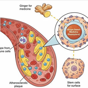 A colorful red, peach, and yellow graphic showing an atherosclerotic lesion and the stem-cell-coated ginger medicine