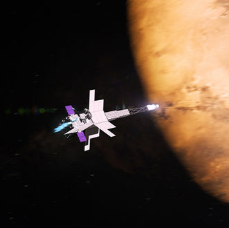 An artist's concept of a spacecraft, with darkness behind, approaching an orange Mars