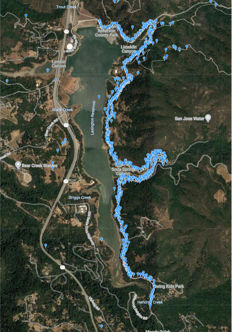 A map of the Lexington Reservoir area with newt observations