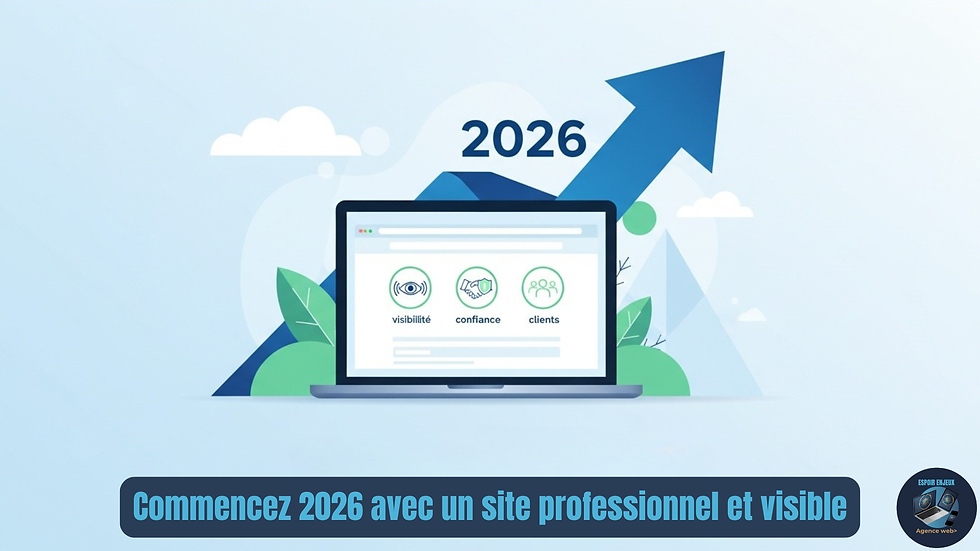 Grande flèche de croissance bleue vers 2026, ordinateur affichant un site moderne, icône “visibilité”, icône “confiance”, icône “clients”