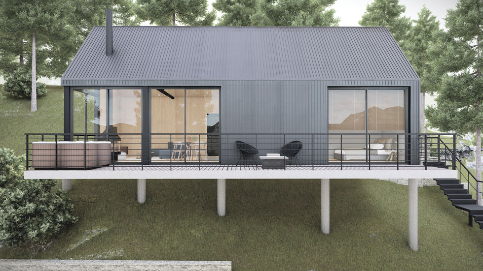 Modern house with large windows and elevated deck.