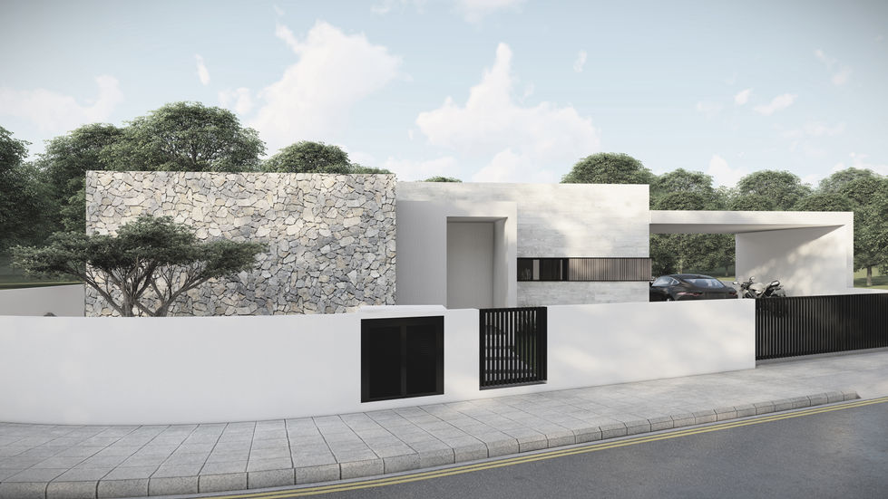 Modern white building with stone accents and black gates.