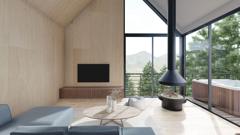 Modern living room with large windows and hanging fireplace.