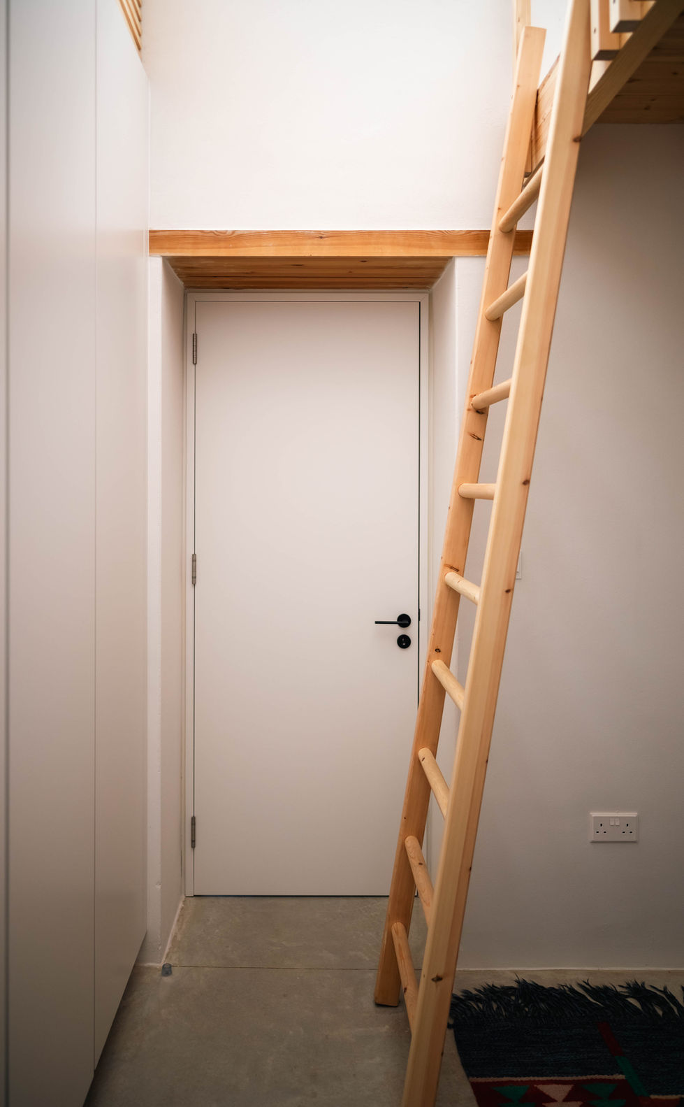 Wooden ladder next to a closed white door.