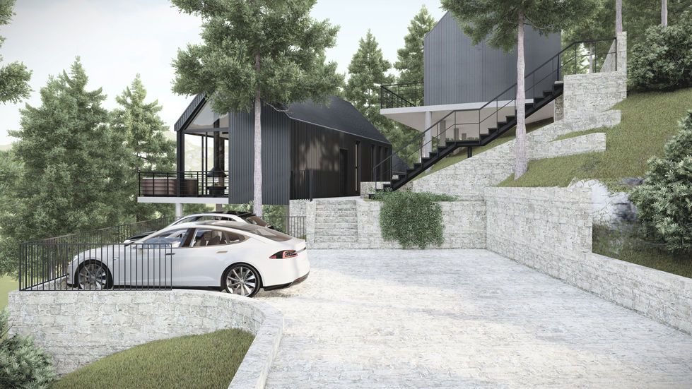 Modern house with sleek car in driveway.
