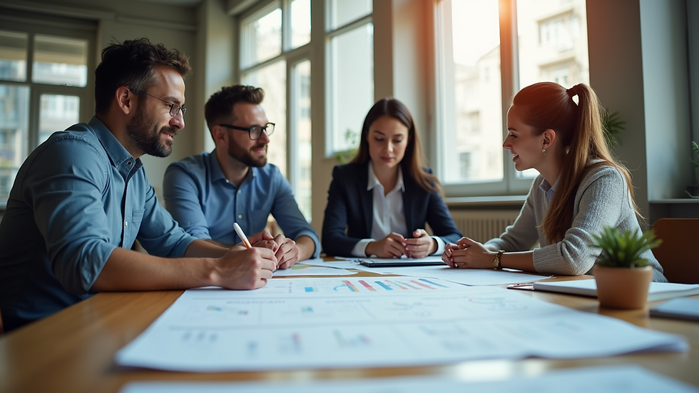 Eye-level view of a team collaborating on a business architecture project
