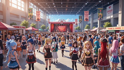 Crowds of cosplayers and anime fans at El Paso Convention Center during Anime El Paso 2025, with banners, booths, and stage performances in the background