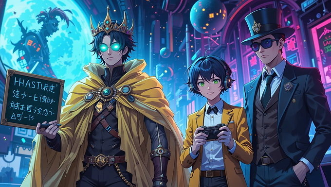 A key visual for Necronomico and the Cosmic Horror Show featuring Miko and her team surrounded by eerie digital glitches, otherworldly symbols, and looming godlike figures.