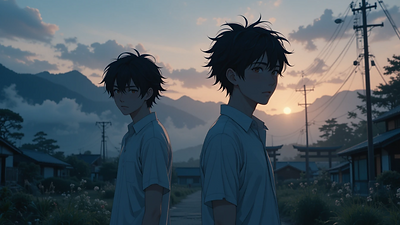 Yoshiki and Hikaru standing under a dim summer sky in a rural village, capturing the haunting atmosphere of Netflix’s horror anime The Summer Hikaru Died.