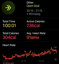 Ganban-Yoku session, 1 hour lying down at Pocca Poca Spa in Winnipeg, burning 304 calories with an average heart rate of 91 BPM