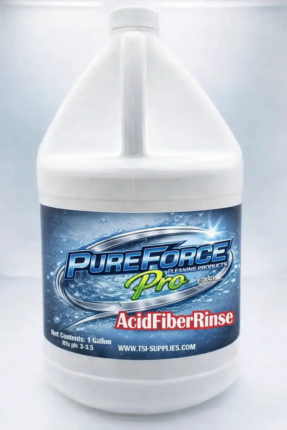 PureForce AcidFiberRinse low pH fiber rinse in a 1-gallon bottle, designed for professional carpet cleaning to neutralize alk