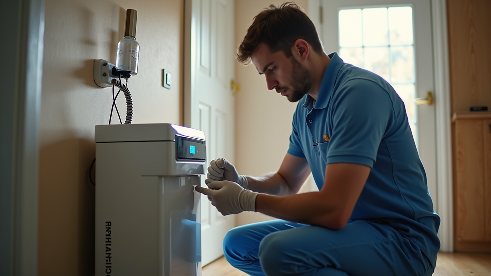 Eye-level view of technician servicing a water purifier in a home