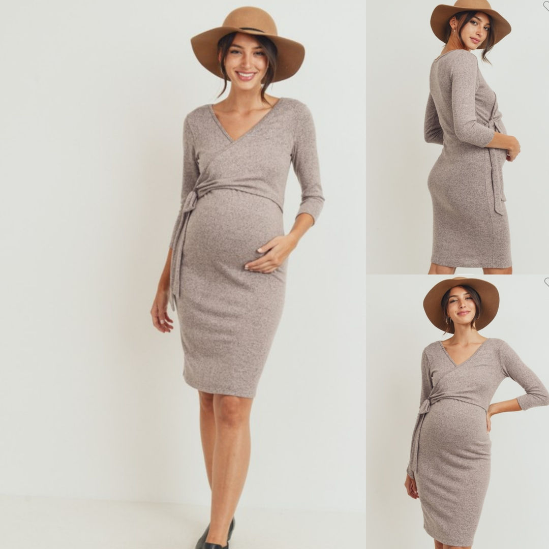 Dusty Pink Brushed Hacci Maternity / Nursing Tie Dress