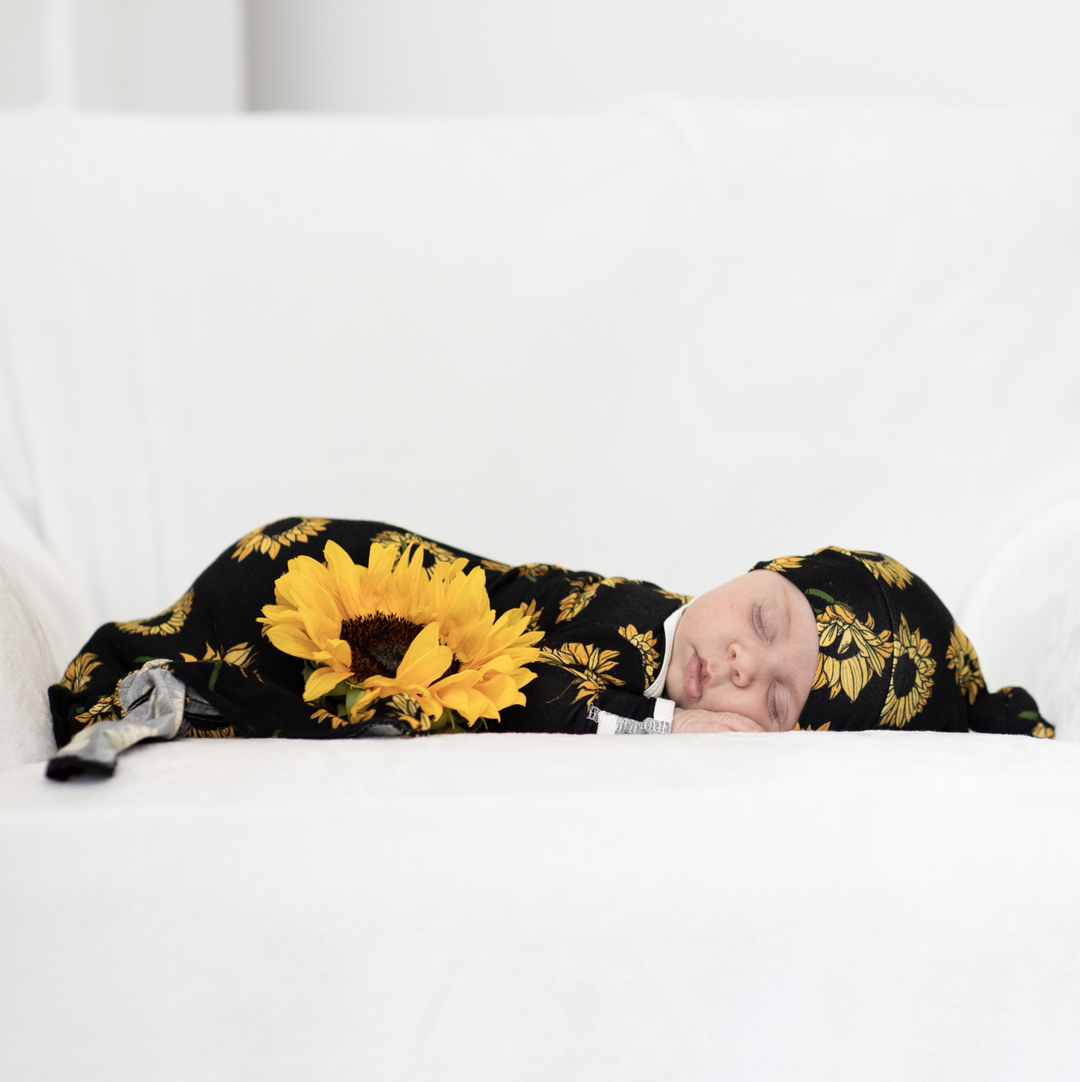 Peregrine Kidswear - Sunflowers on Black Bamboo Knotted Newborn Gown + H