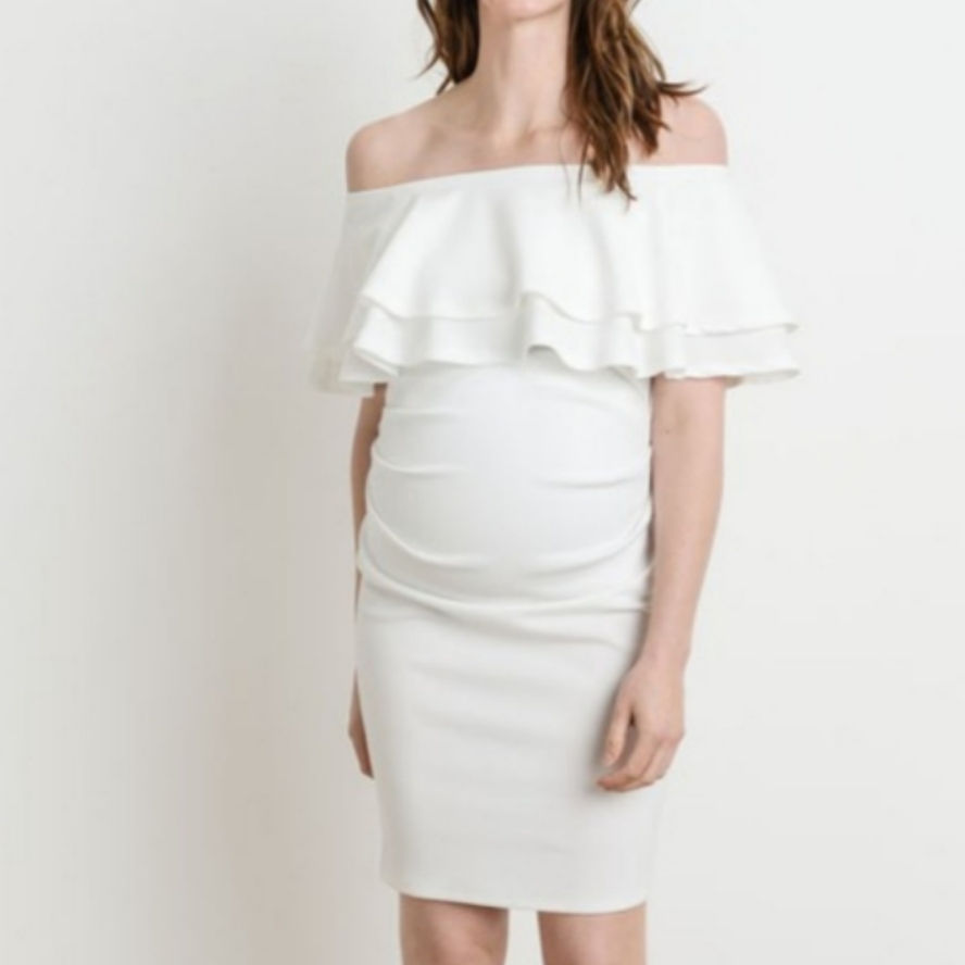Ivory Off Shoulder Ruffle Maternity Dress