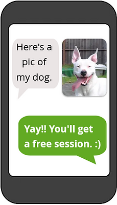 Features a smartphone image with a conversation showing a dog photo and text bubbles: 'Here's a pic of my dog.' and 'Yay!! You'll get a free session. :)' Includes the Brainy Dog logo at the bottom