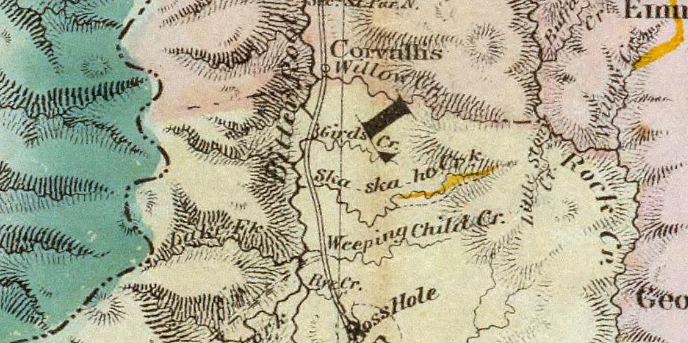 old surveyors map showing various towns and creeks along the Bitterroot River