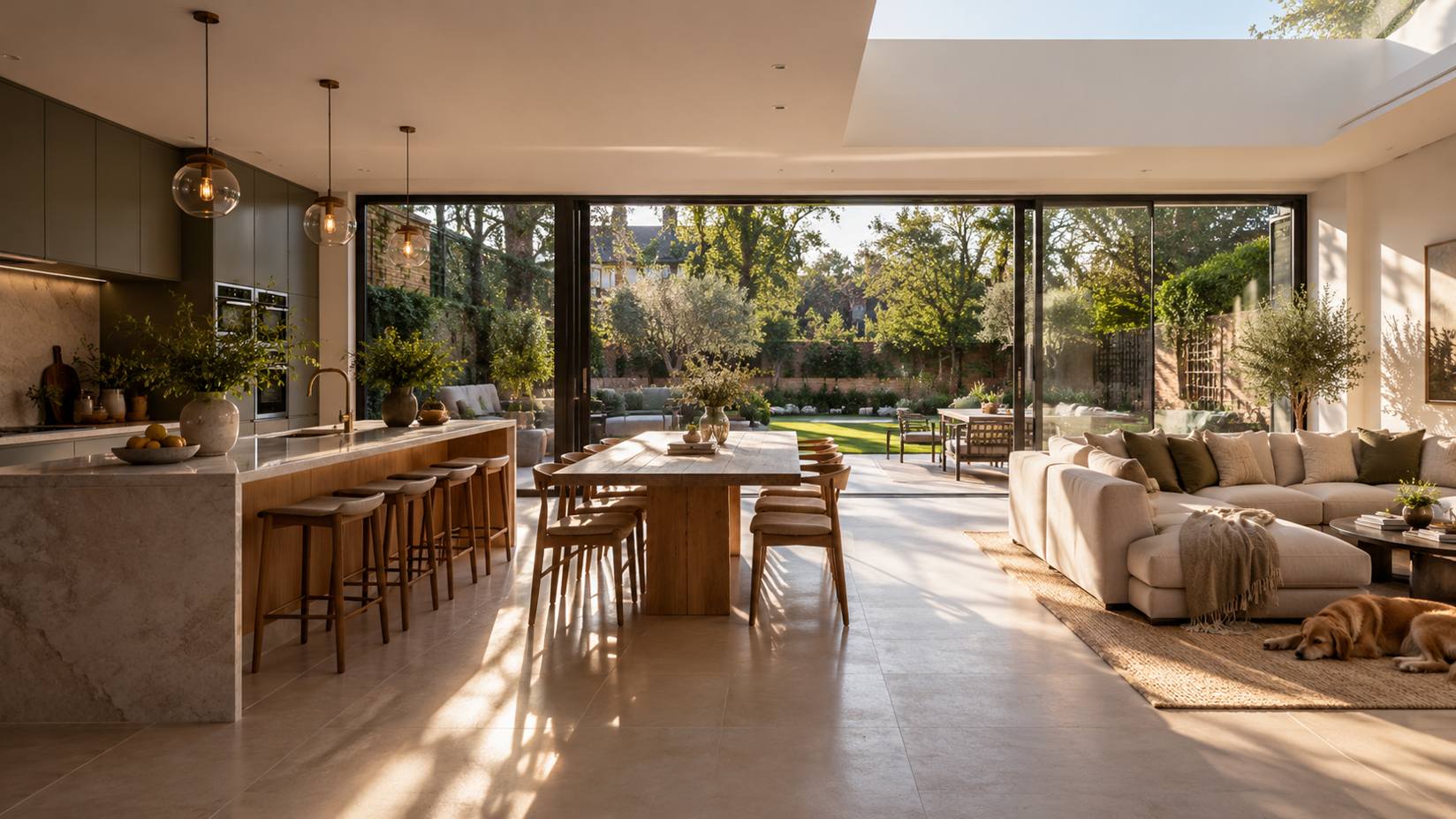 Expansive contemporary open-plan kitchen, dining and living area opening towards a landscaped garden